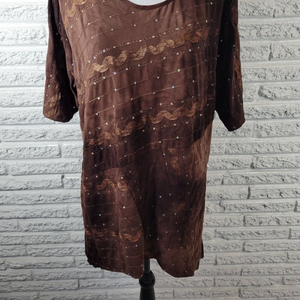 Shannon Ford Brown Tunic Top 2X Womens Asymmetric Sequin Pullover BRO13E - Picture 4 of 9